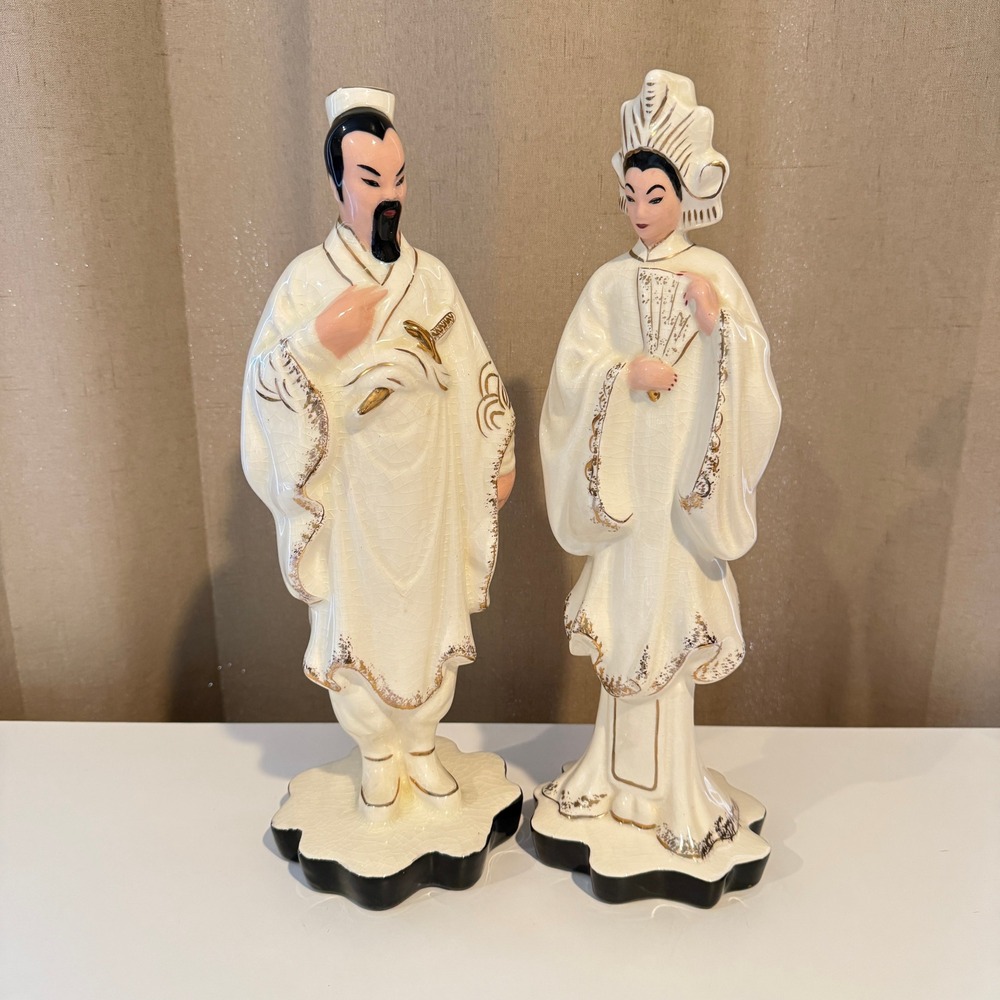 Vintage Chinoiserie Ceramic Emperor Empress Figurine Set Cream Gold Gilt MCM